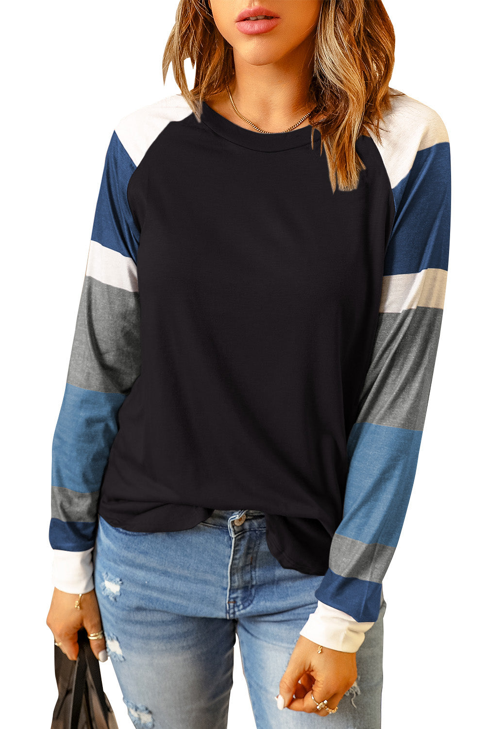 Color Block Long Sleeves Black Pullover Top