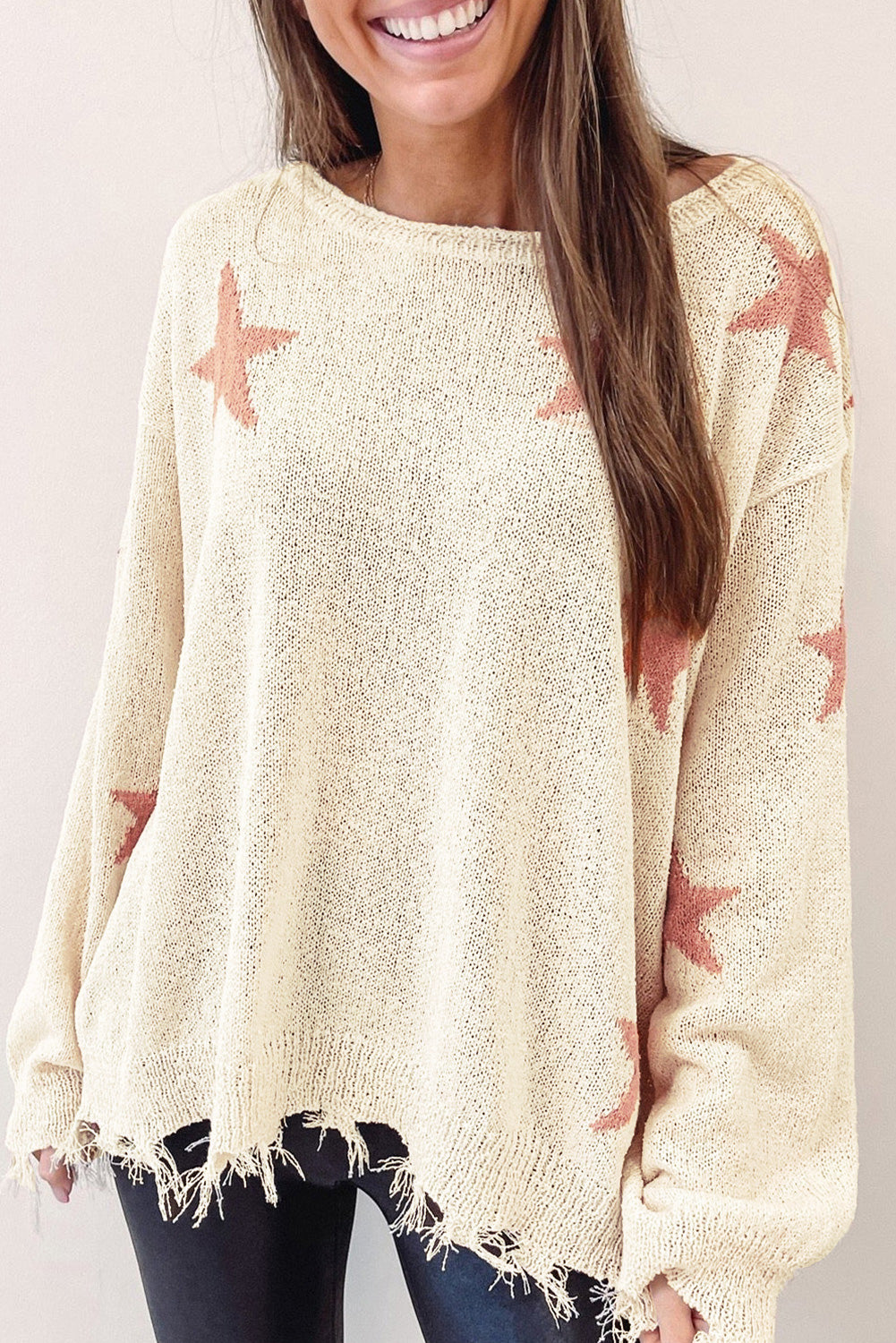 Beige Starry Long Sleeve Raw Hem Sweater