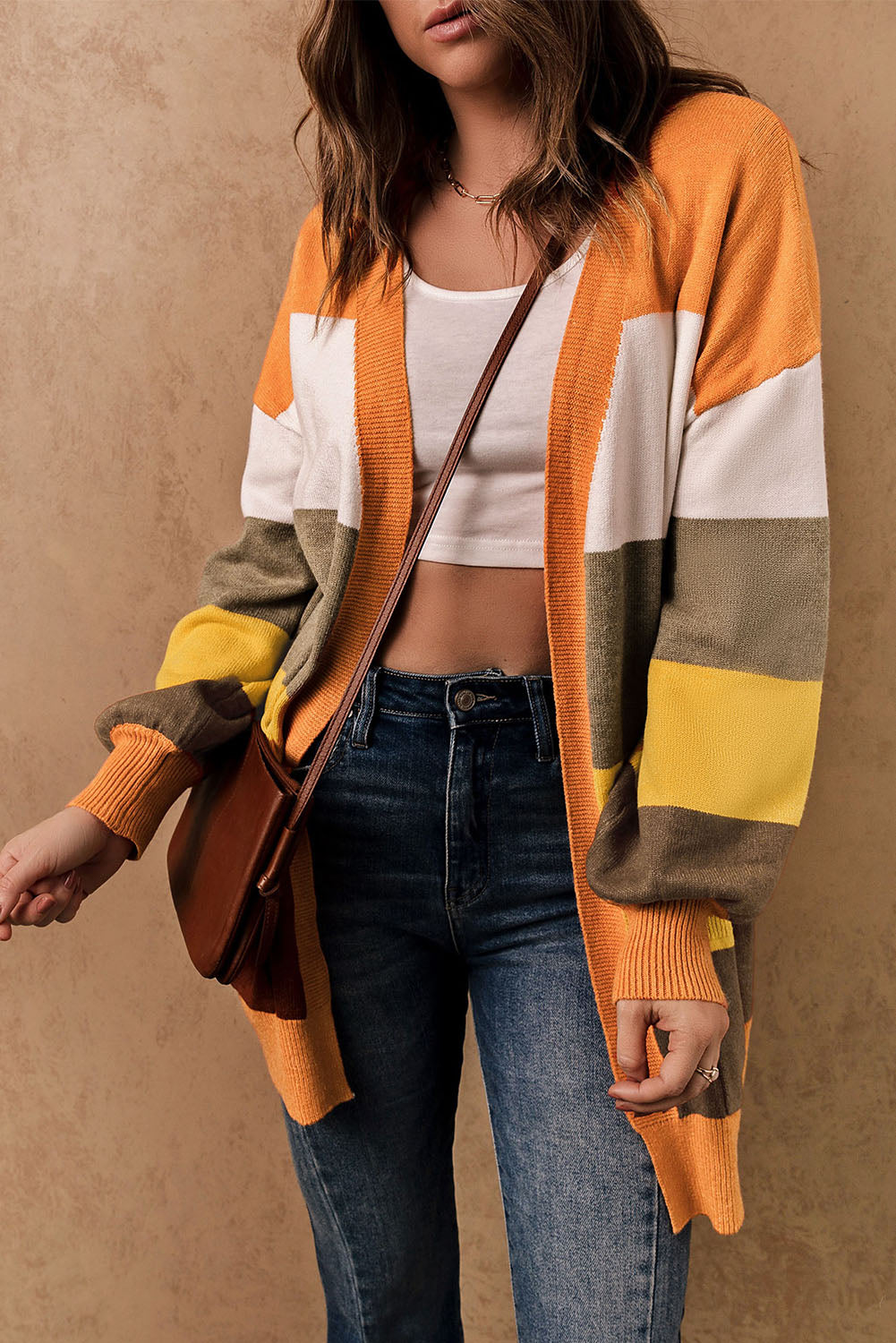 Open Front Pocketed Colorblock Cardigan