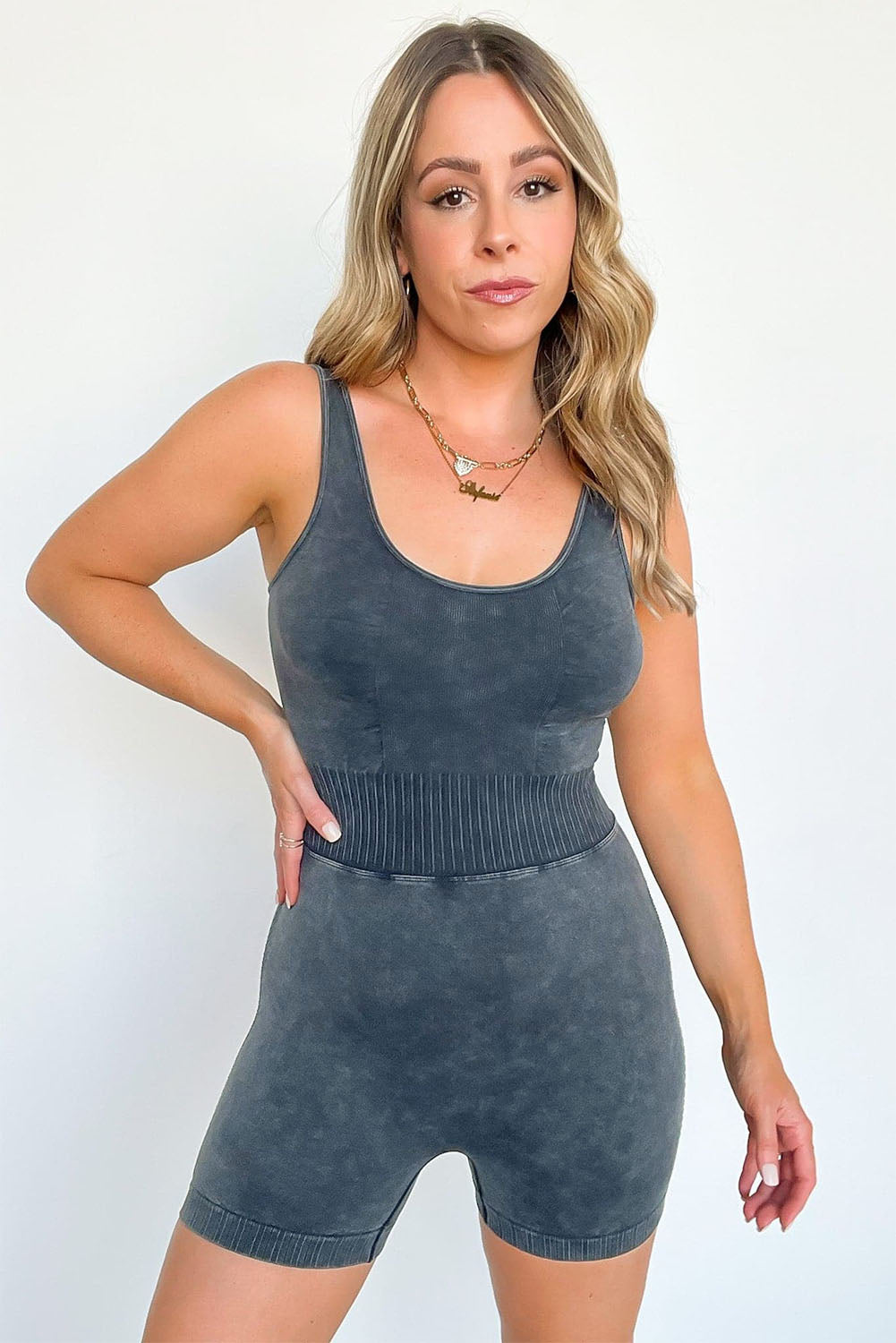 Carbon Grey Mineral Wash Ribbed High Waist Athleisure Romper