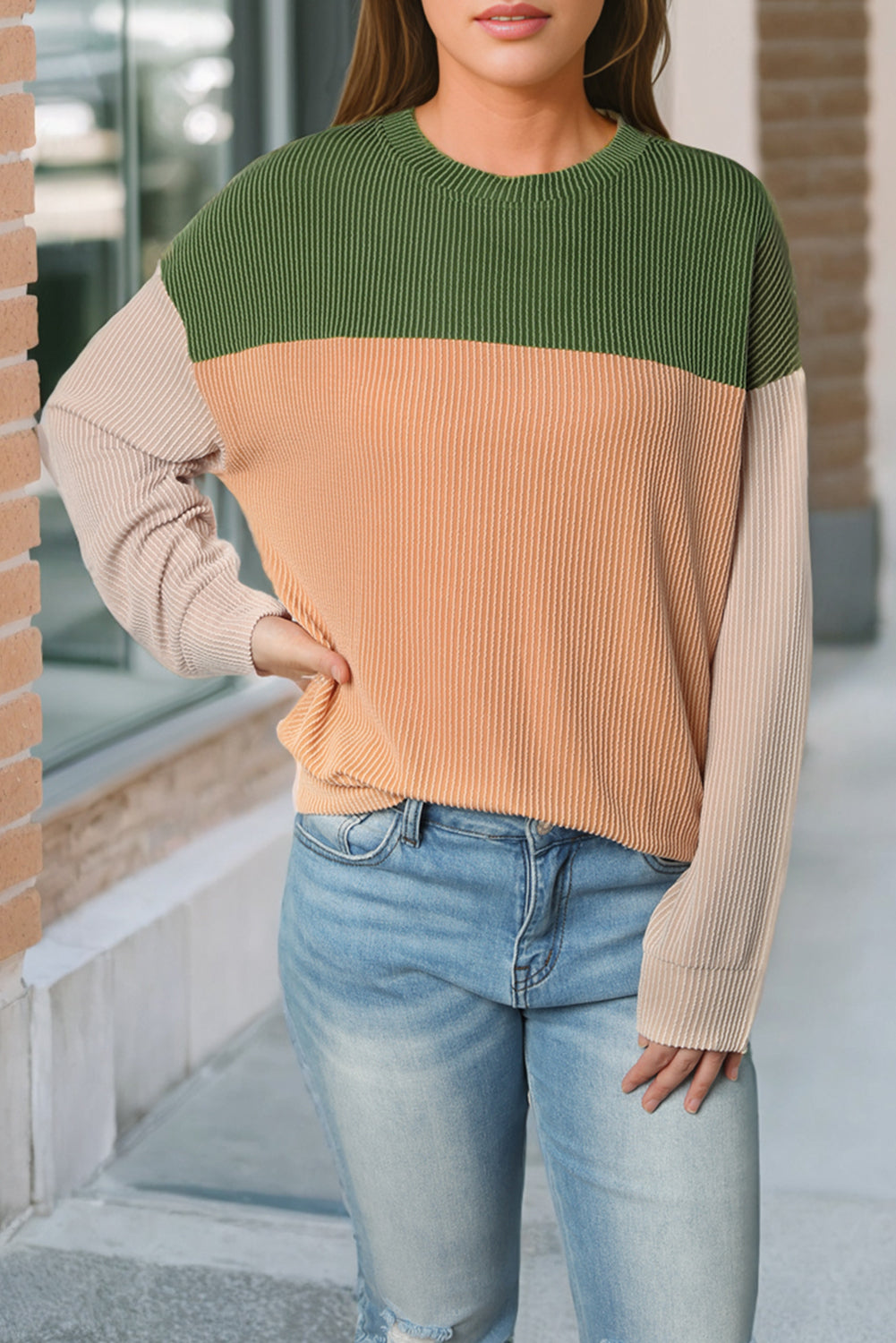 Green Color Block Long Sleeve Ribbed Loose Top