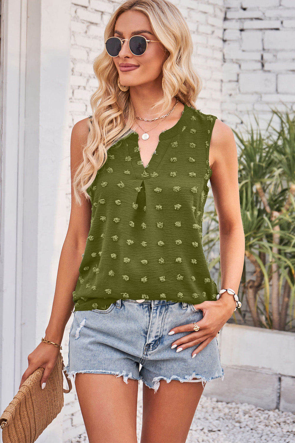 Green Swiss Dot Notched V Neck Tank Top