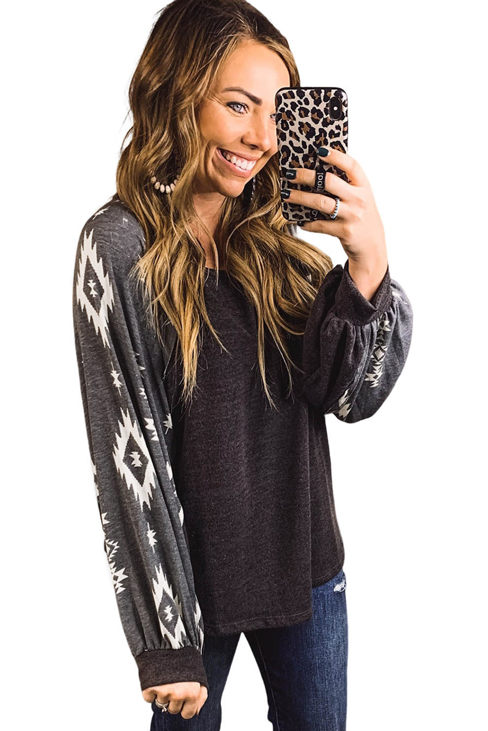 Black Western Print Patch Long Sleeve Top