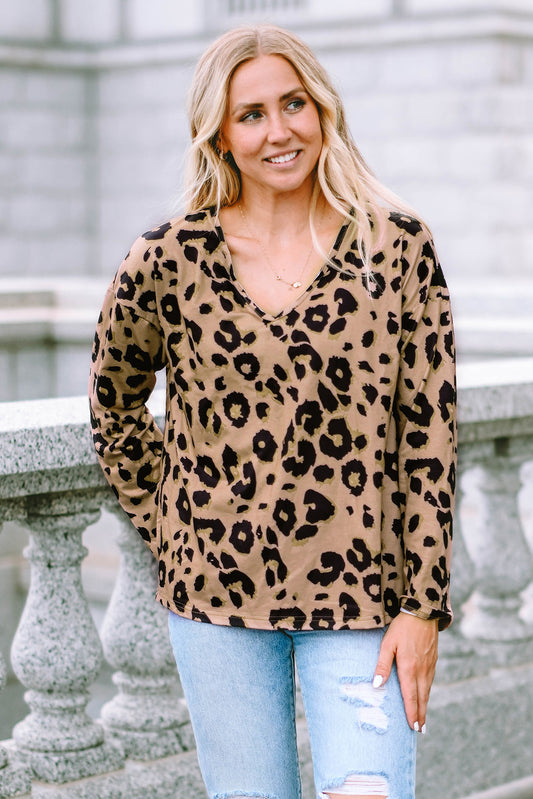 Brown Leopard Split Joint V Neck Long Sleeve Tops