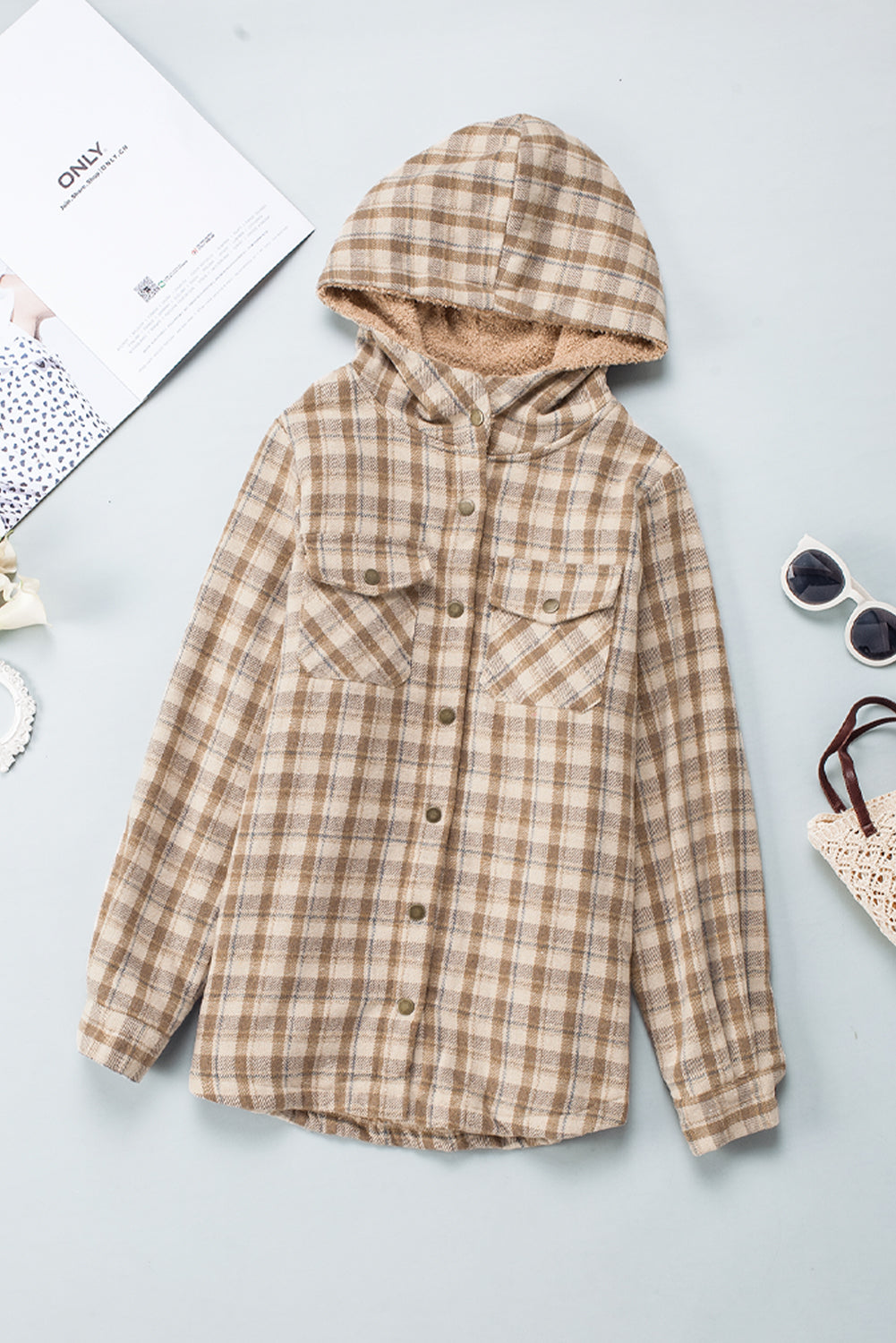 Khaki Plaid Pattern Sherpa Lined Hooded Shacket