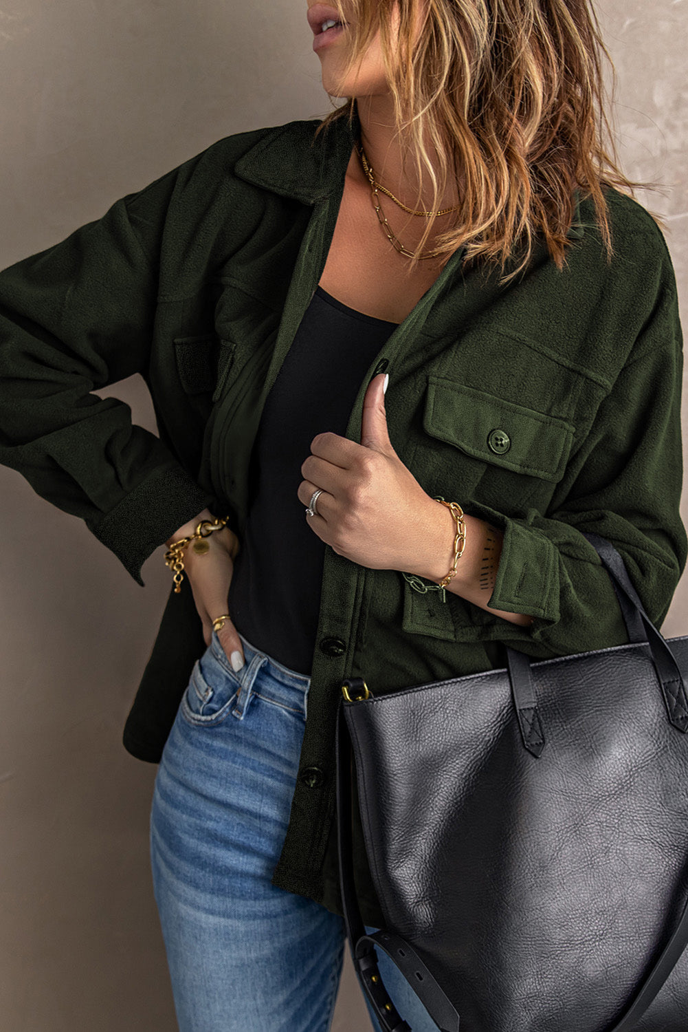 Green Turn Down Collar Buttoned Shirt Jacket