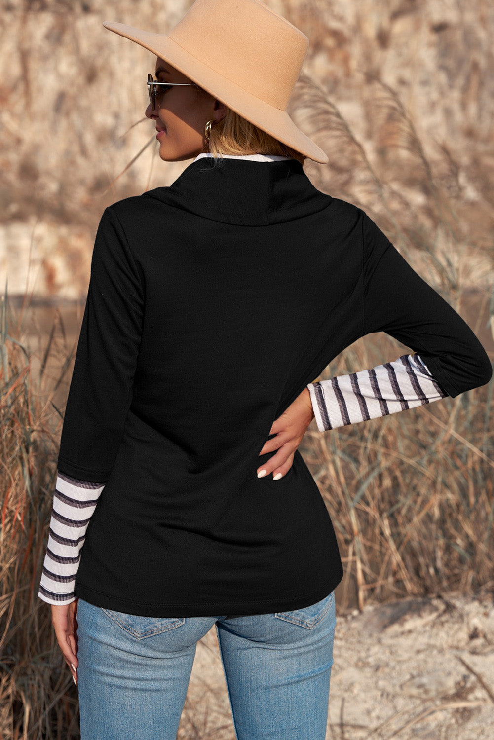 Striped Splicing High Neck Sweatshirt