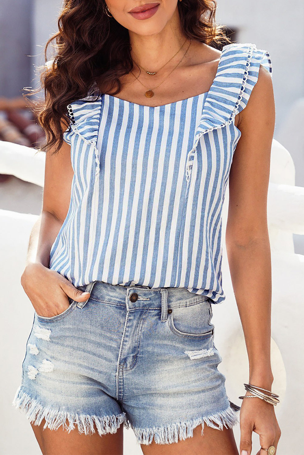 Blue Striped Tie Back Ruffle Trim Tank Top