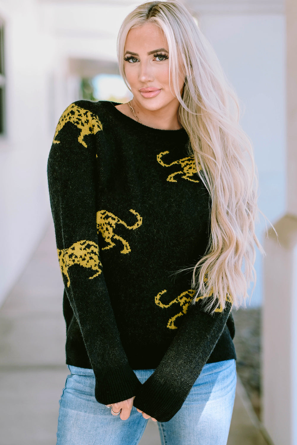 Black Cheetah Pattern Knit Round Neck Sweater