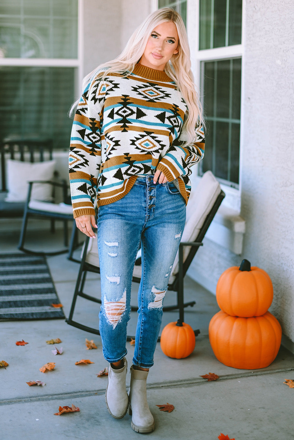 Brown Aztec Striped Knit Ribbed Trim Sweater