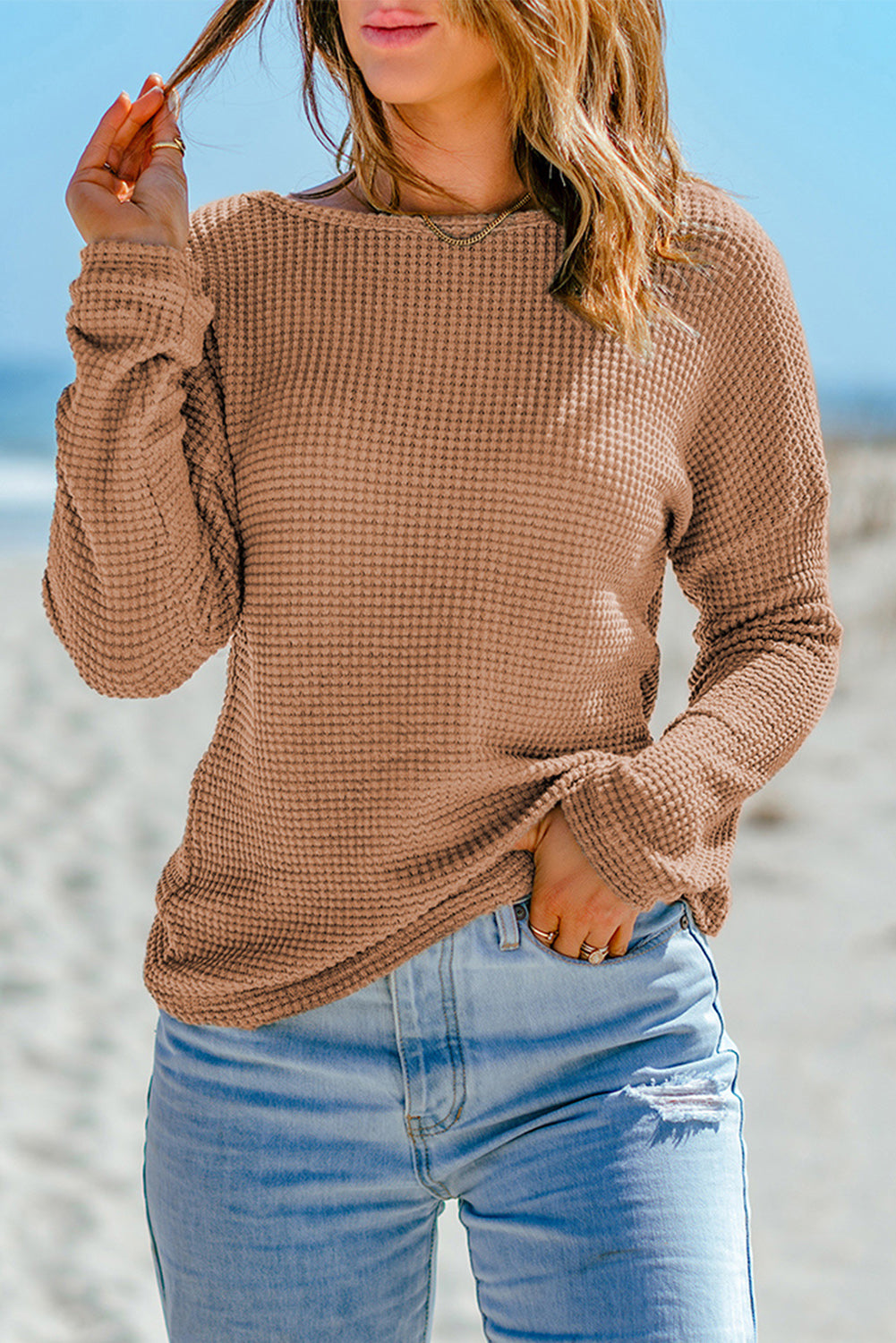 Khaki Waffle Knit Drop Shoulder Long Sleeve Top