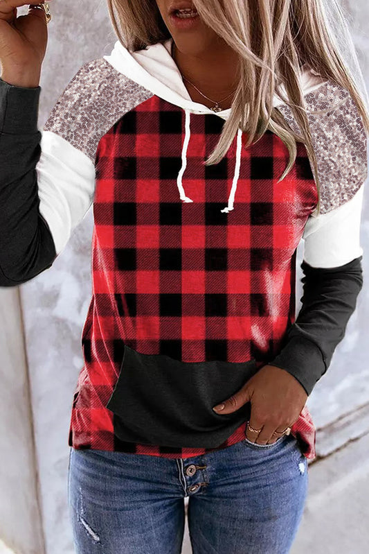 Fiery Red Sequined Splicing Plaid Kangaroo Pocket Hoodie