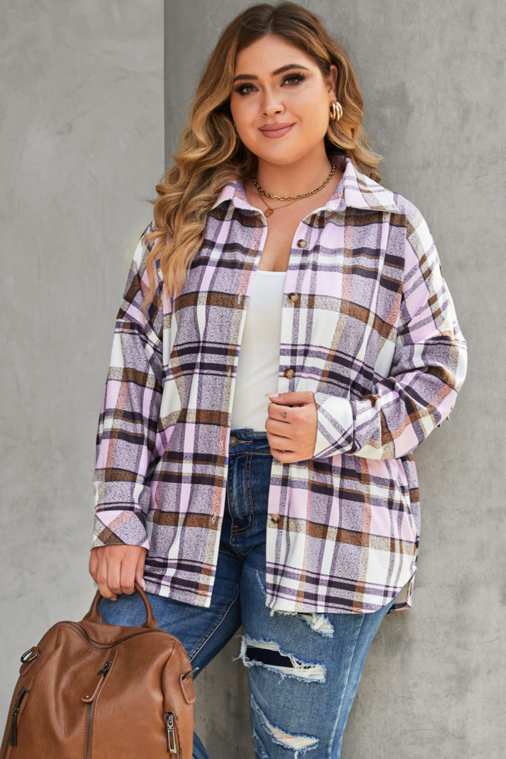 Pink Plus Size Plaid Fringed Back Button Shacket