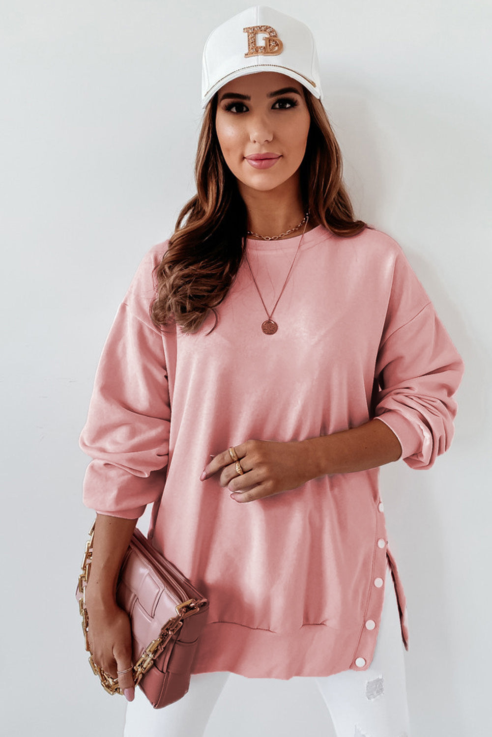 Pink Crew Neck Slit Buttons Sweatshirt