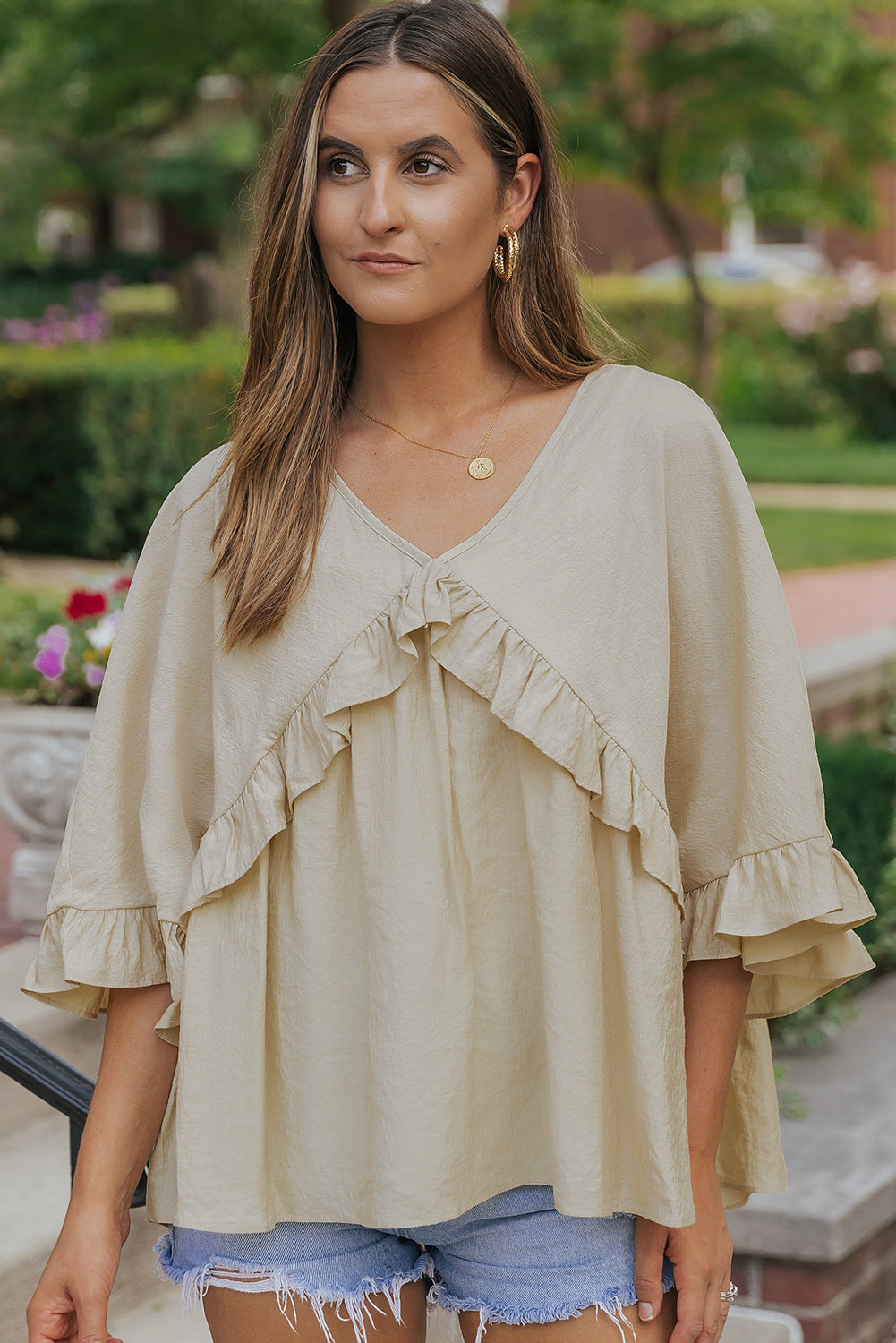 Apricot V Neck Draped Batwing Sleeve Ruffle Blouse