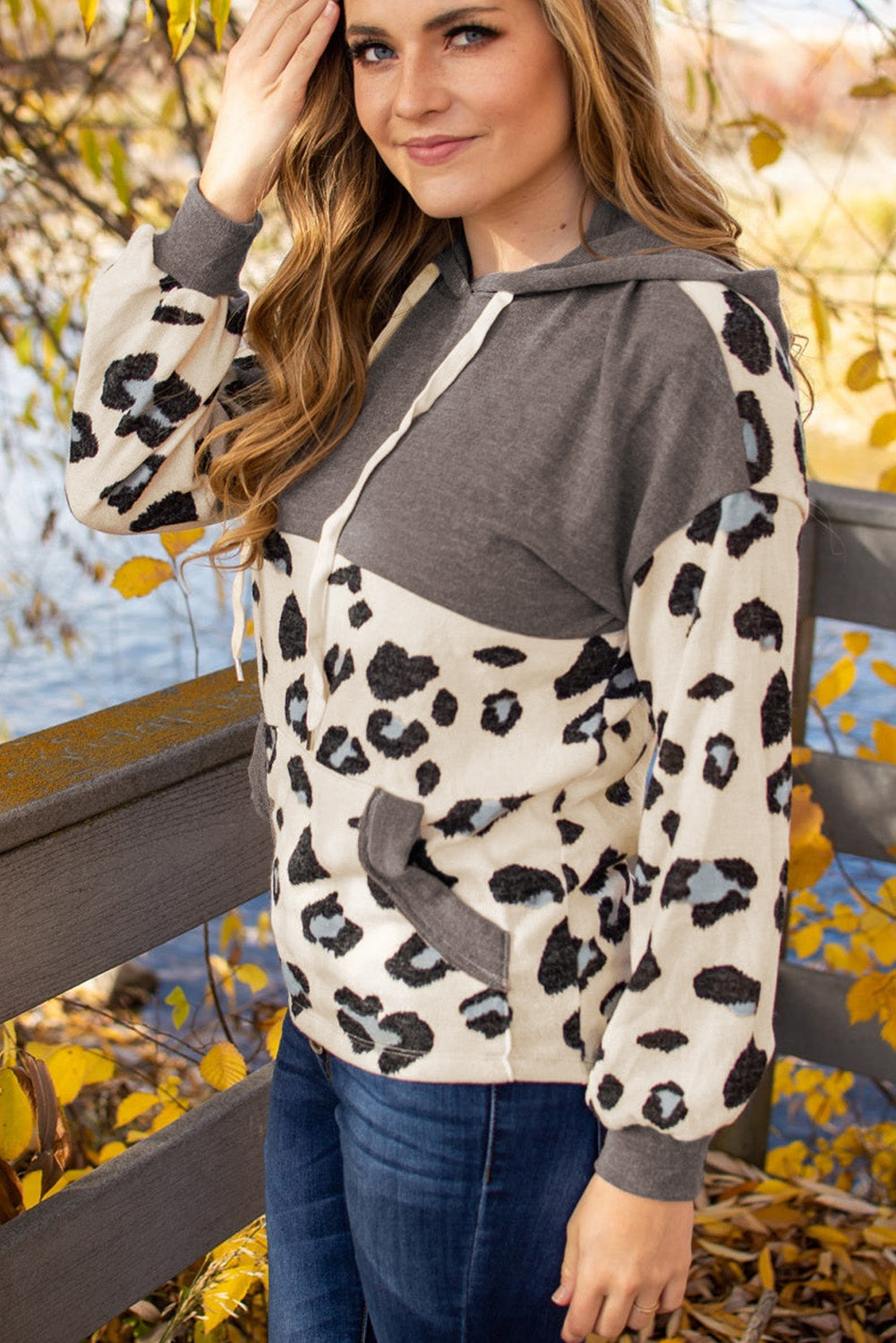 Leopard Print Color Block Pocketed Drawstring Hoodie