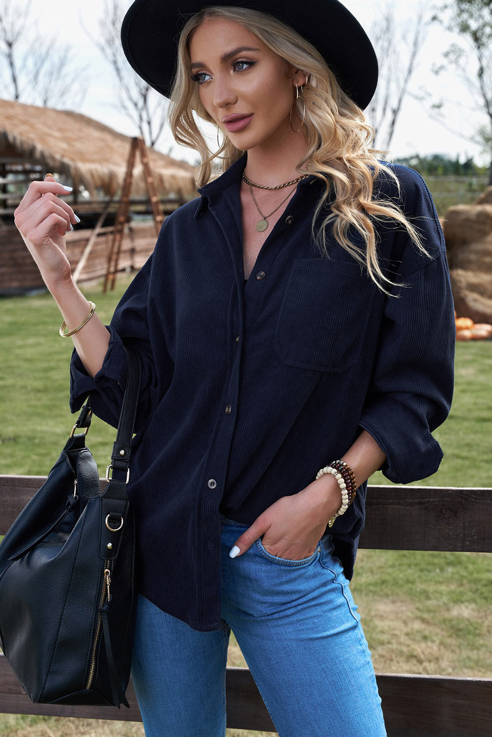 Dark Blue Corduroy Button Pocket Shirt