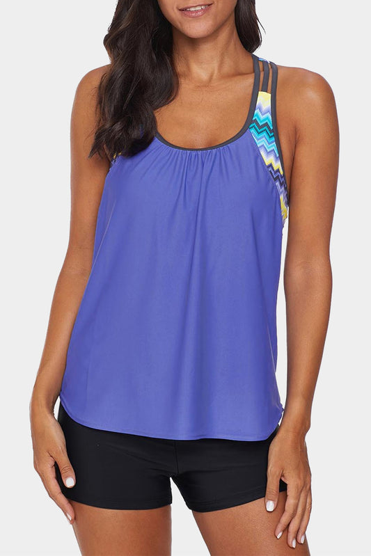 Sky Blue Blouson Striped Printed Strappy T-Back Push up Tankini Top