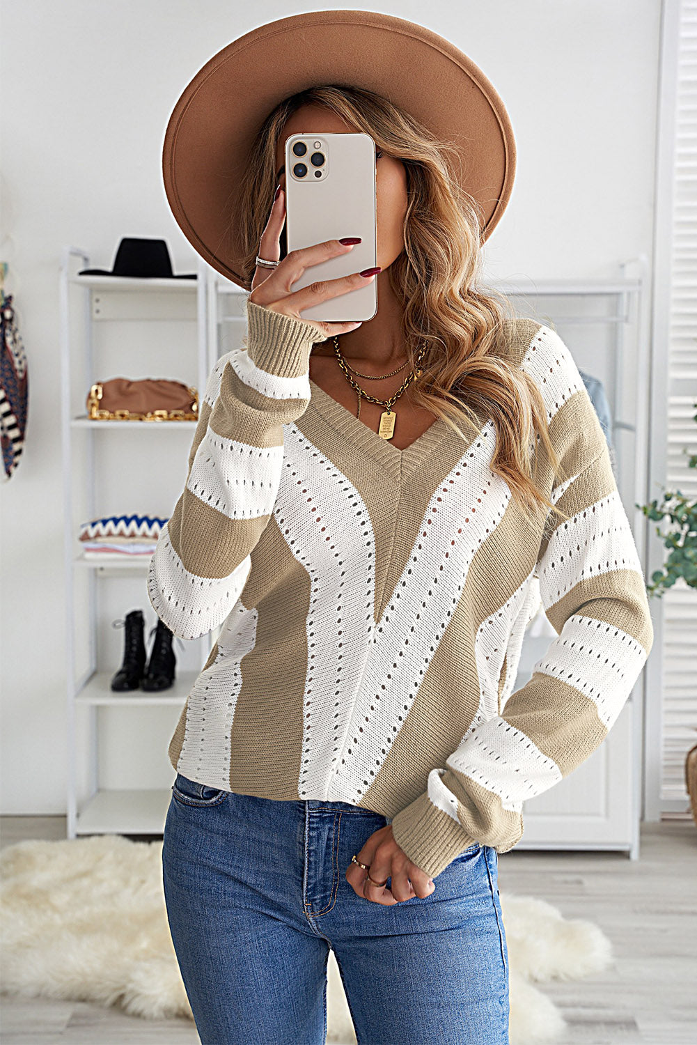 Khaki Striped Colorblock V Neck Knitted Sweater