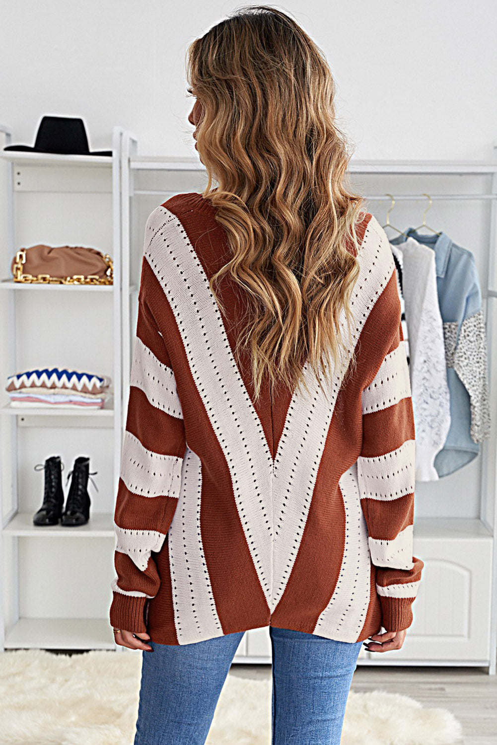 Brown Striped Colorblock V Neck Knitted Sweater