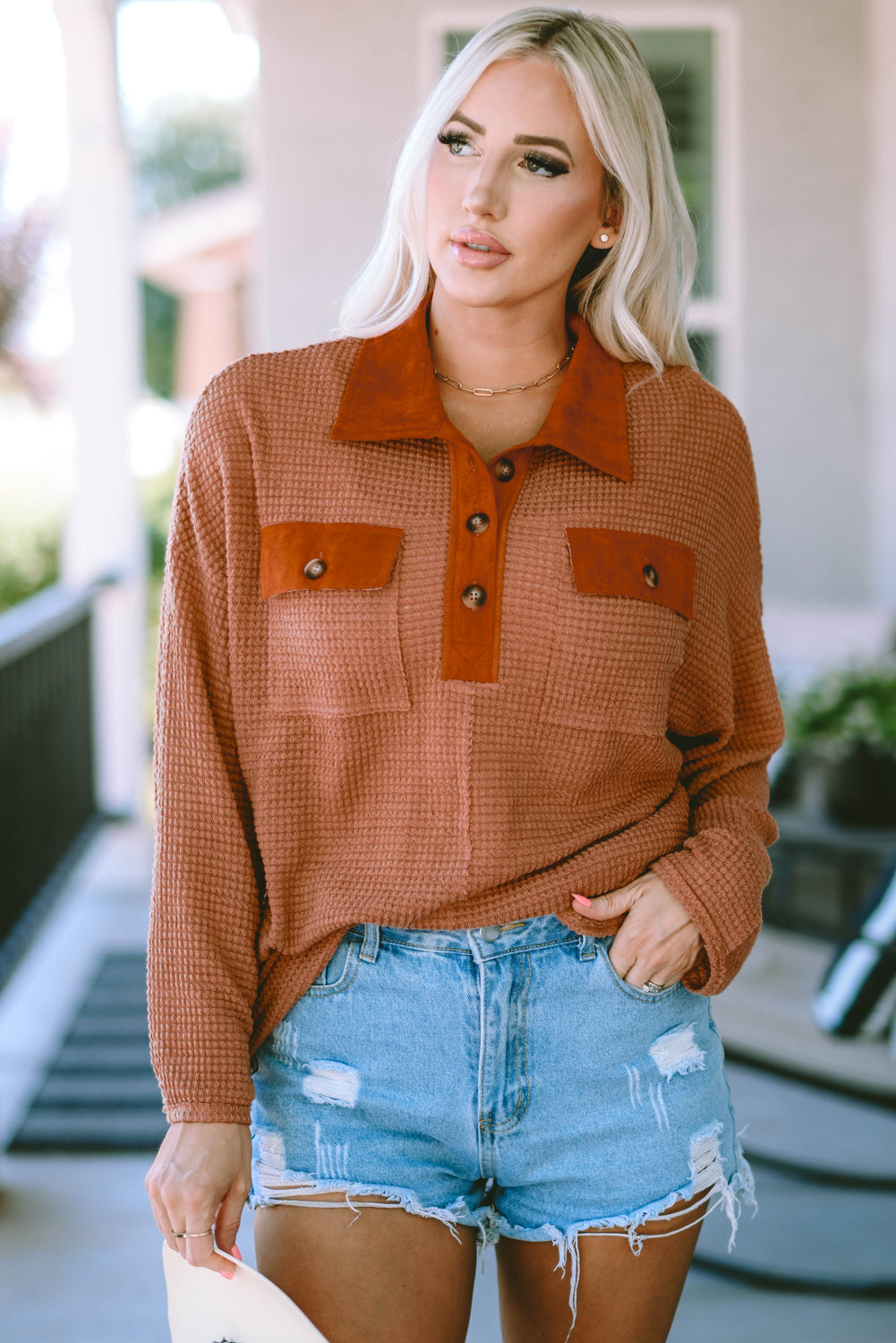 Brown Waffle Knit Button Contrast Trim Long Sleeve Top