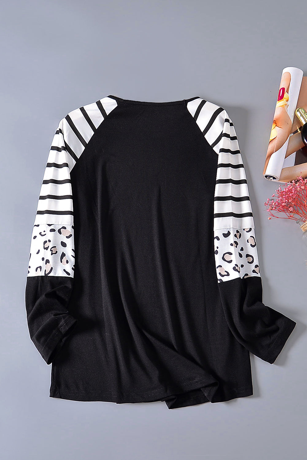 Black Striped Animal Print Colorblock Long Sleeve Top