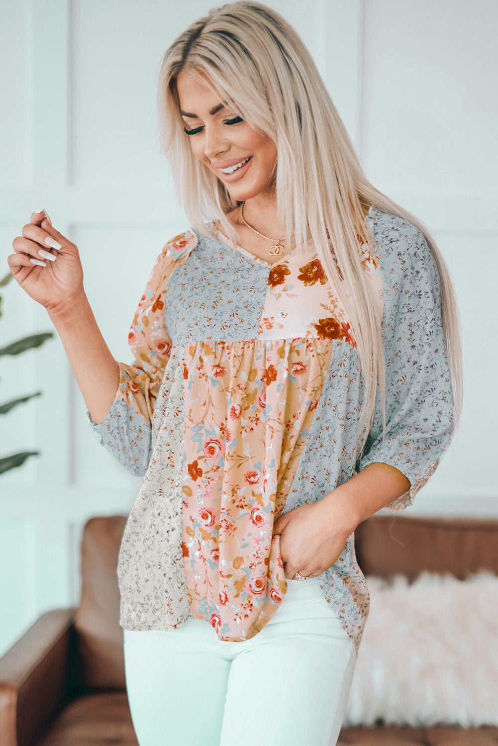 Multicolor V Neck Mixed Floral Babydoll Top