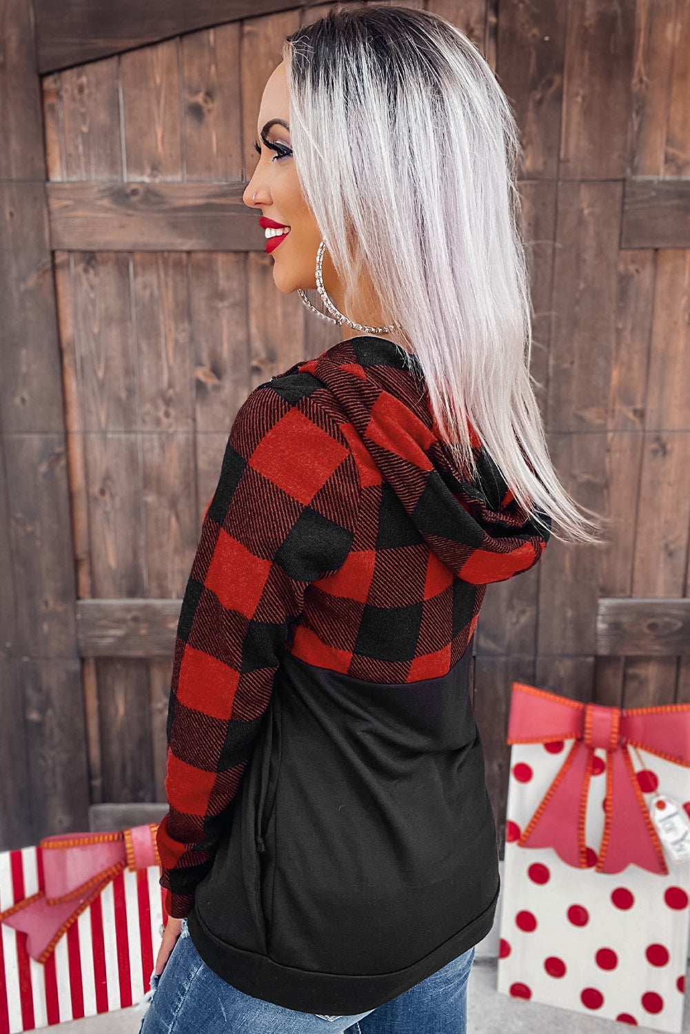 Black Contrast Buffalo Plaid Zip Pullover Hooded Top