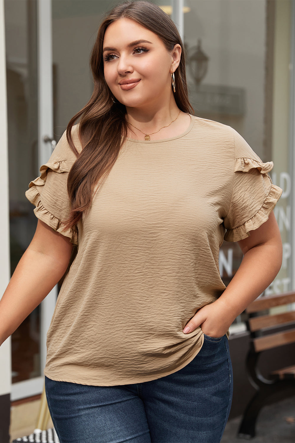 Light French Beige Ruffled Short Sleeve Plus Size Top