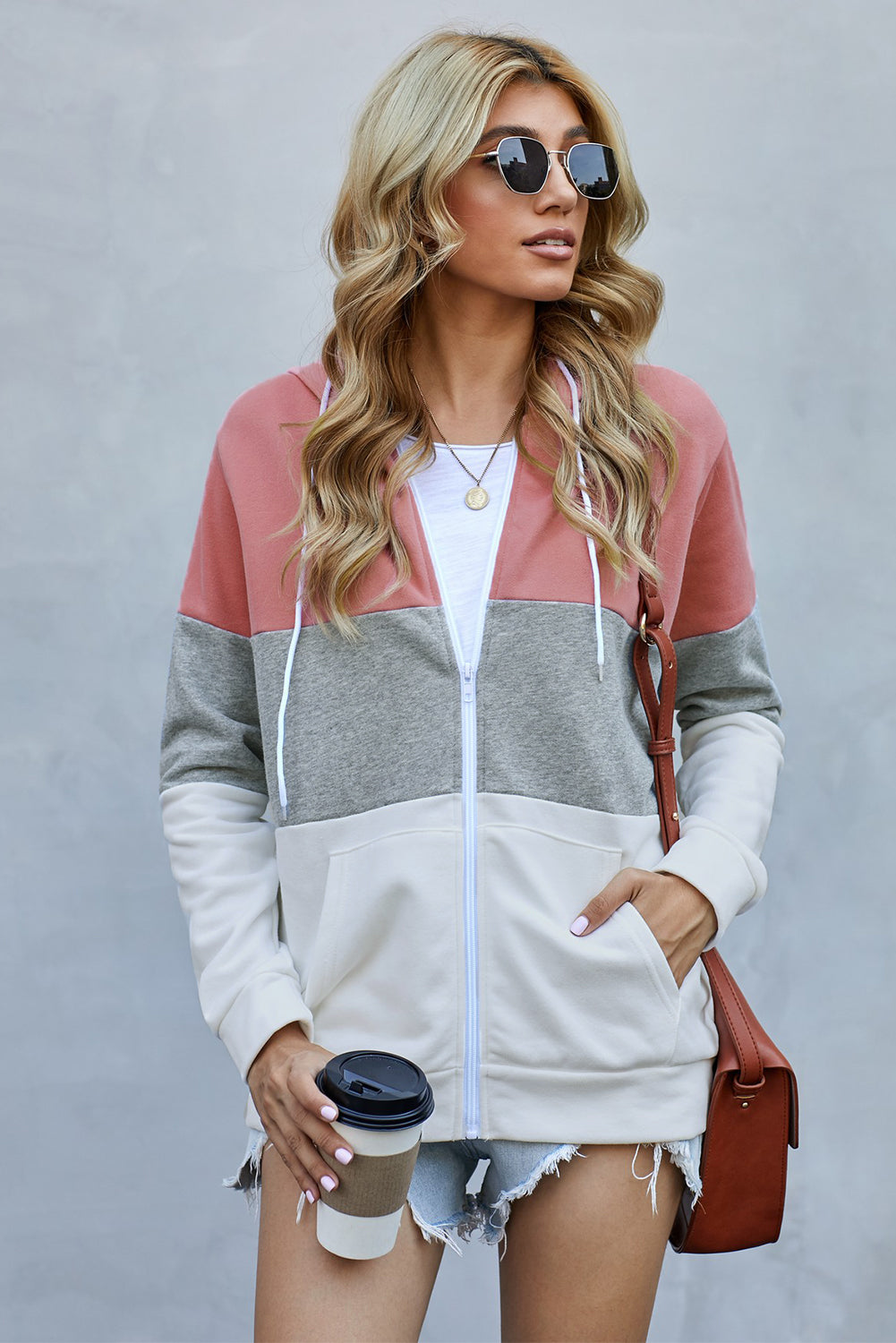 Pink Zip Front Color Block Splicing Drawstring Hoodie