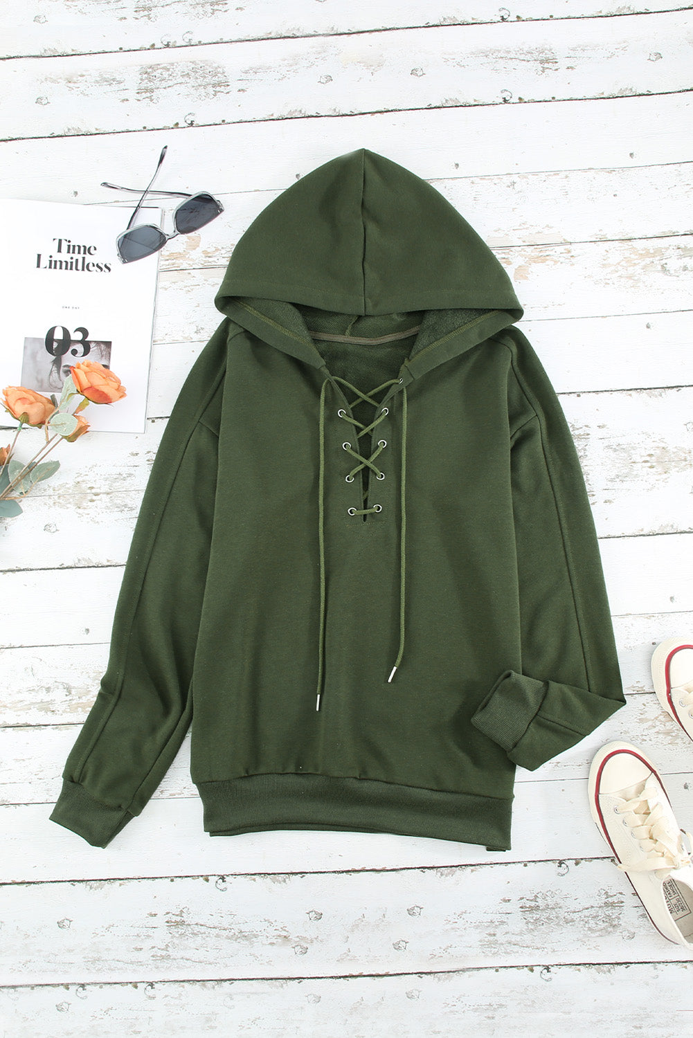 Green Casual Solid Color Lace-up Hoodie