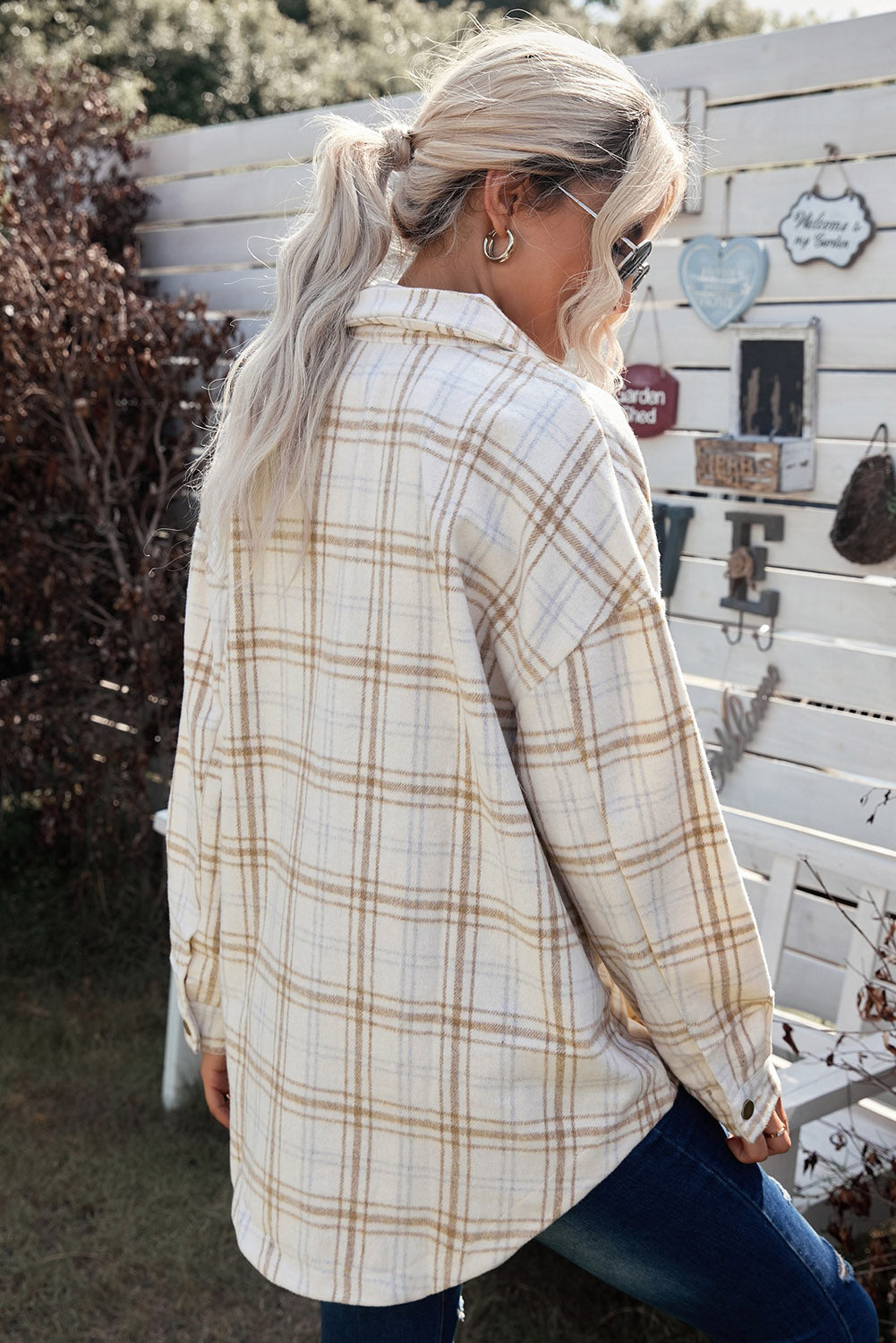 Khaki Plaid Pattern Buttoned Shirt Coat with Slits