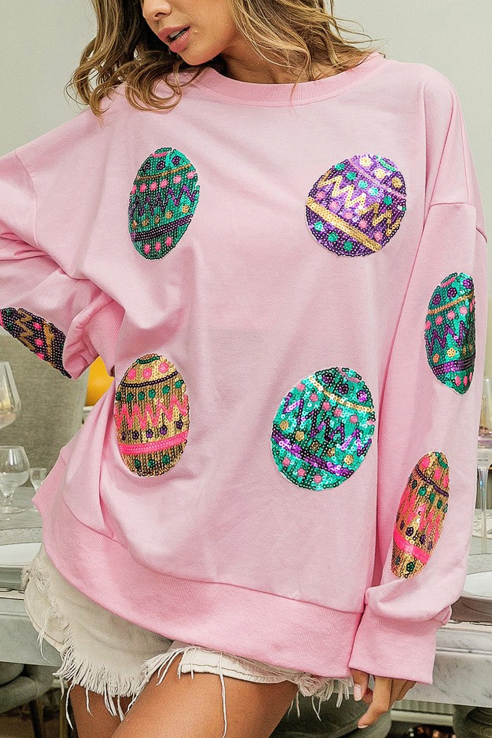 Pink Sequined Easter Egg Drop Shoulder Oversized Sweatshirt