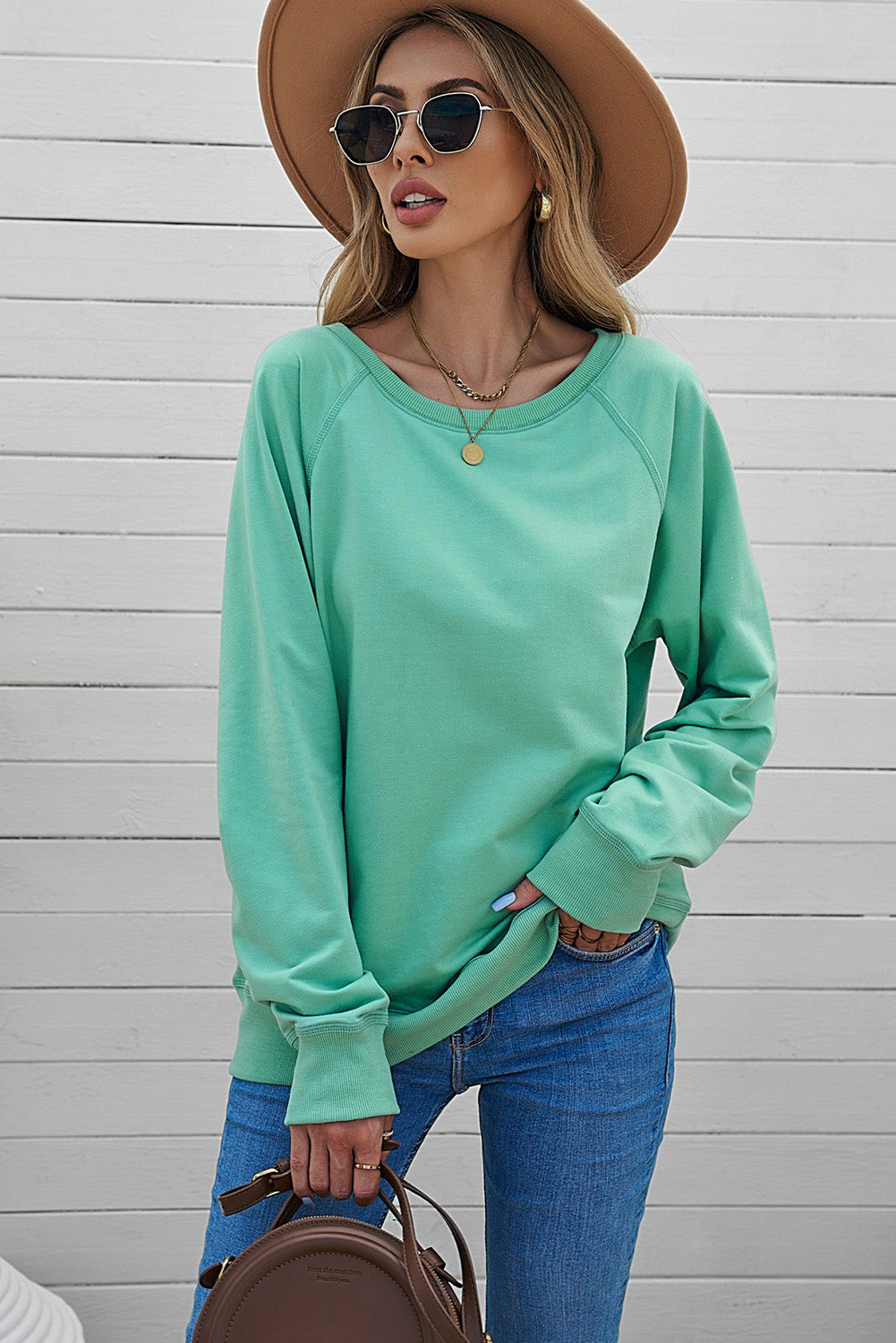 Green French Terry Cotton Blend Pullover Sweatshirt