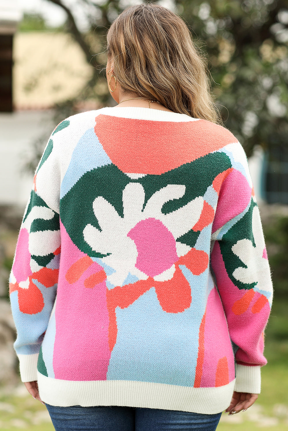 Multicolour Plus Size Floral Drop Shoulder Sweater