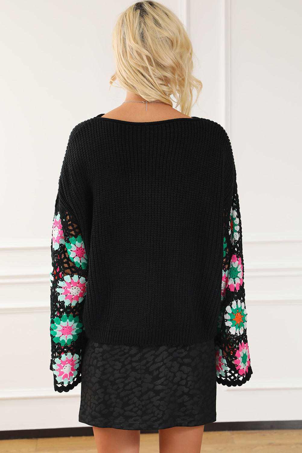 Black Floral Crochet Bell Sleeve Loose Sweater