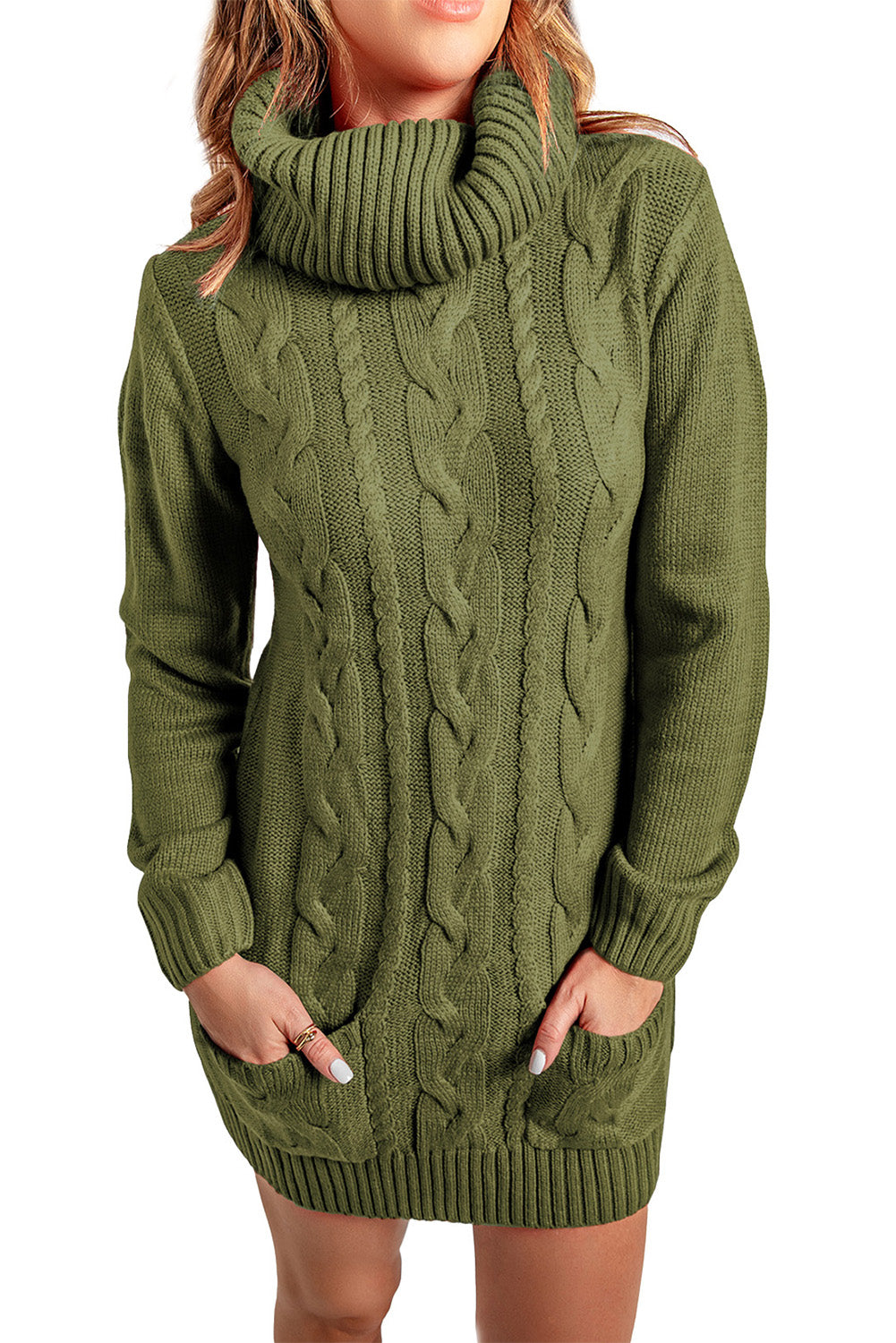 Olive Cowl Neck Cable Knit Sweater Dress