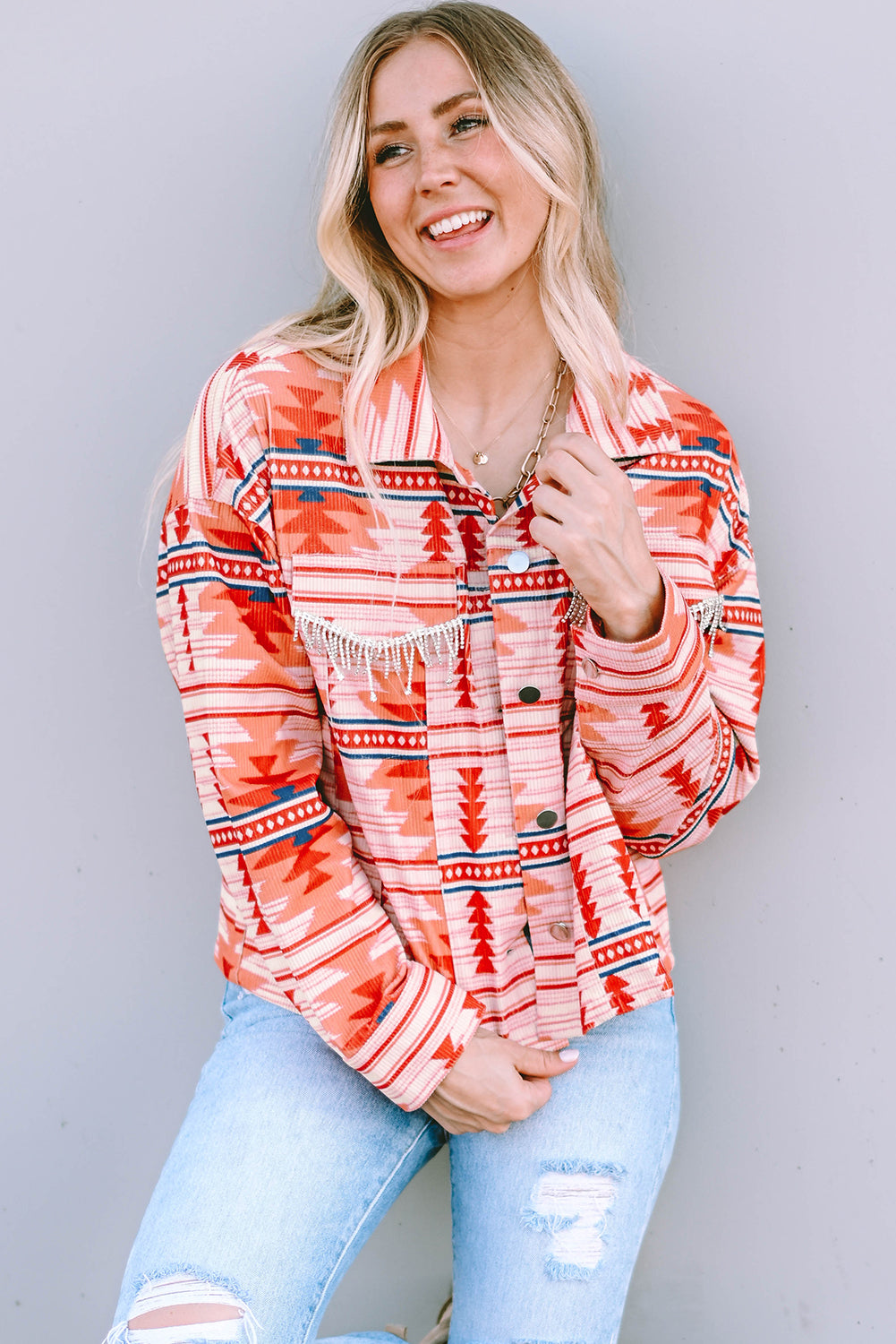 Fiery Red Western Aztec Print Corduroy Jacket