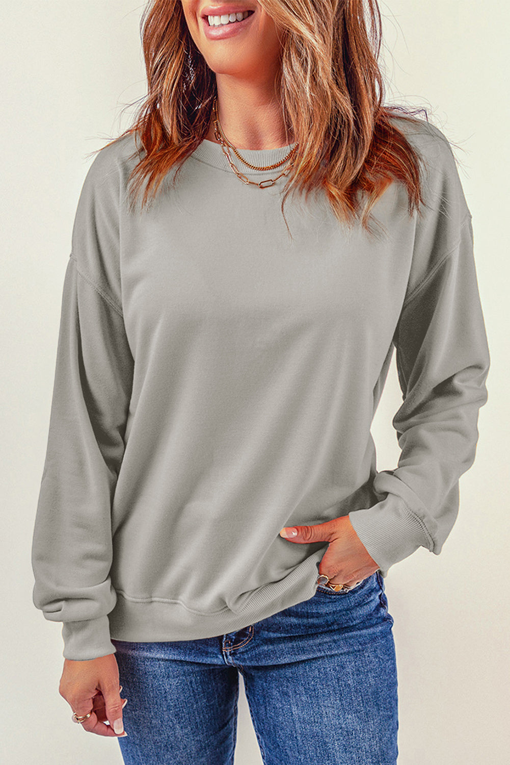 Gray Plain Crew Neck Pullover Sweatshirt