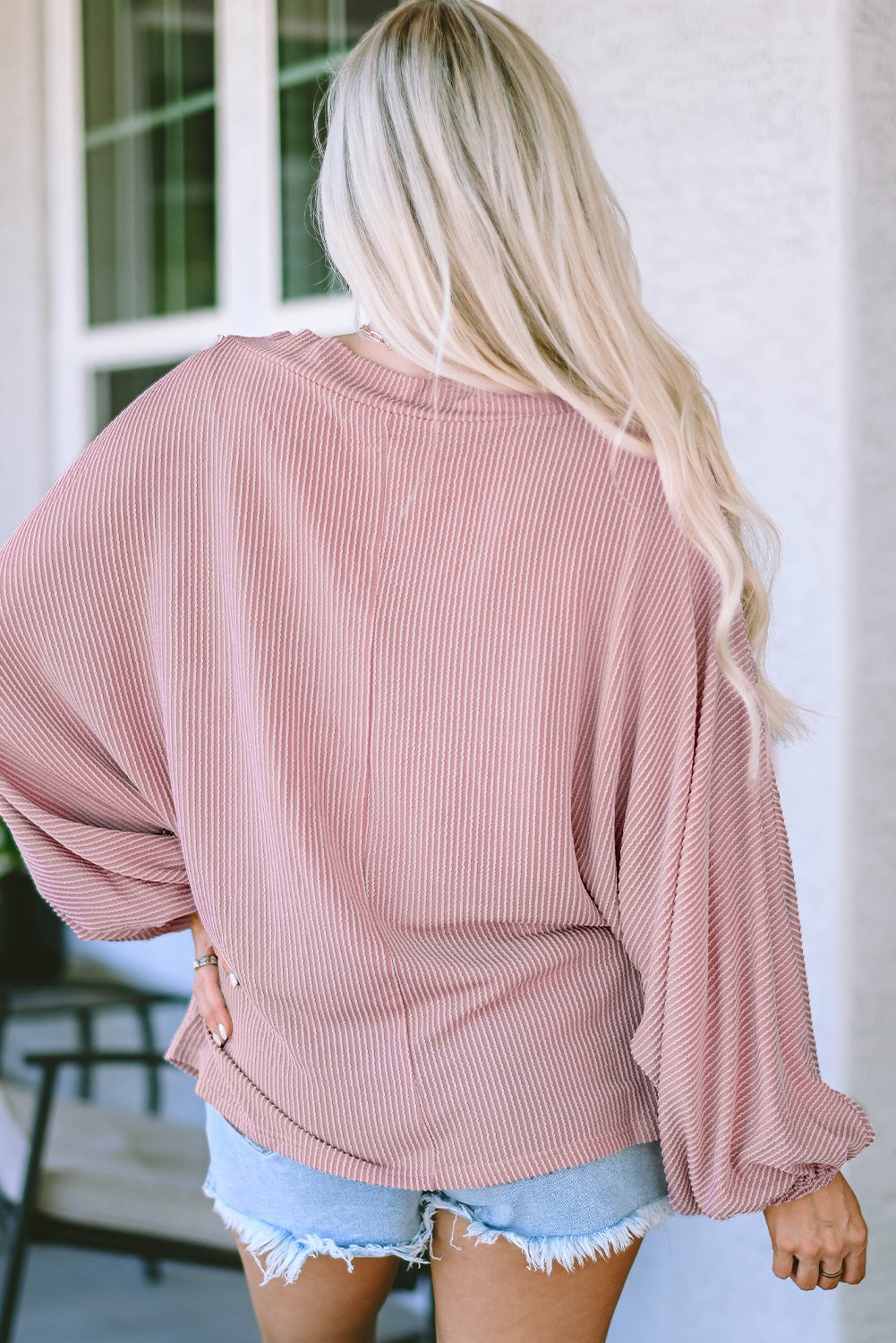 Pink One-Shoulder Balloon Sleeve Ribbed Blouse