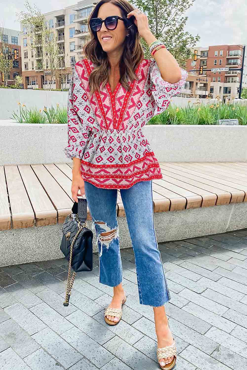 Fiery Red Geometric Print 3/4 Sleeve V-Neck Shirred Waist Flared Blouse