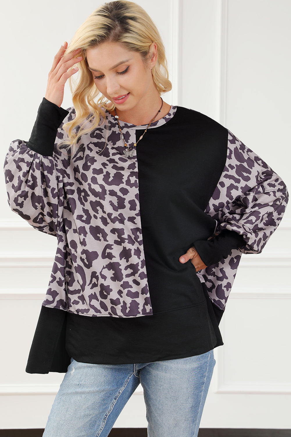 Black Leopard Patchwork Bishop Sleeve Slit Sweatshirt