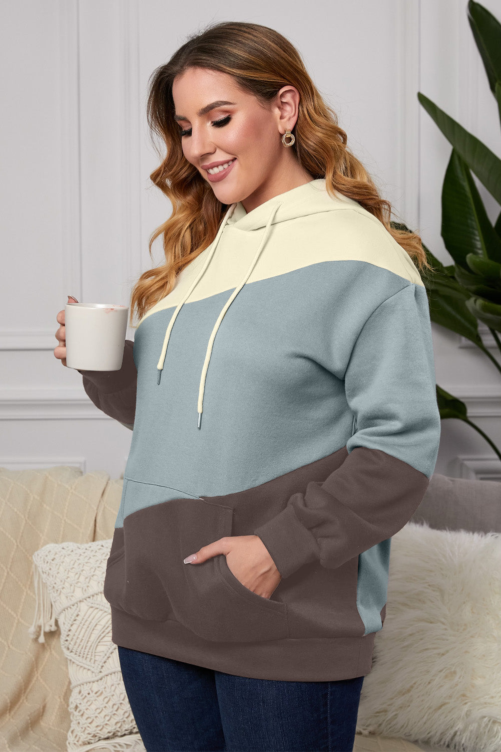 Green Sky Blue Colorblock Kangaroo Pocket Plus Size Hoodie