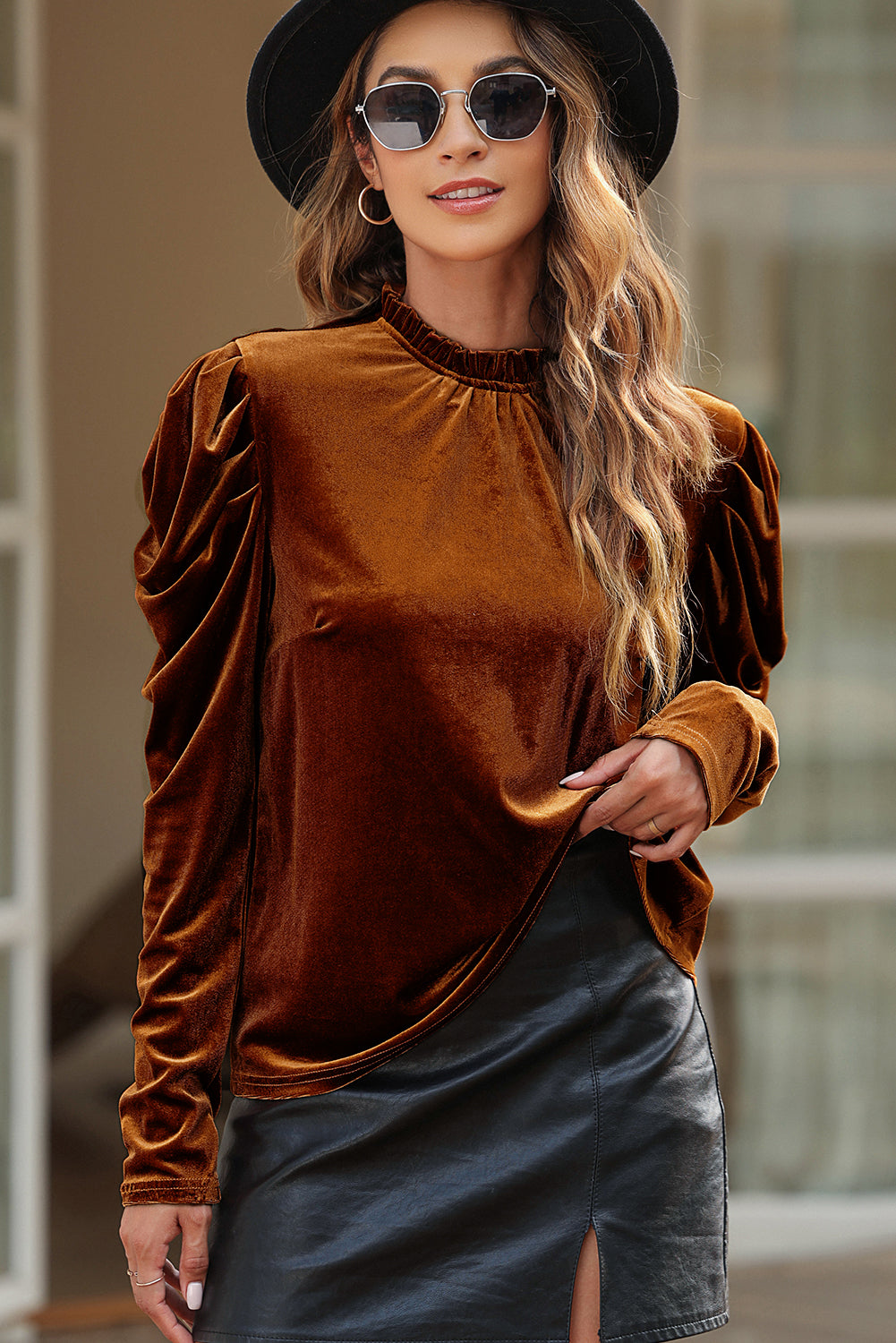 Chestnut Frilled Collar Puff Sleeve Velvet Top