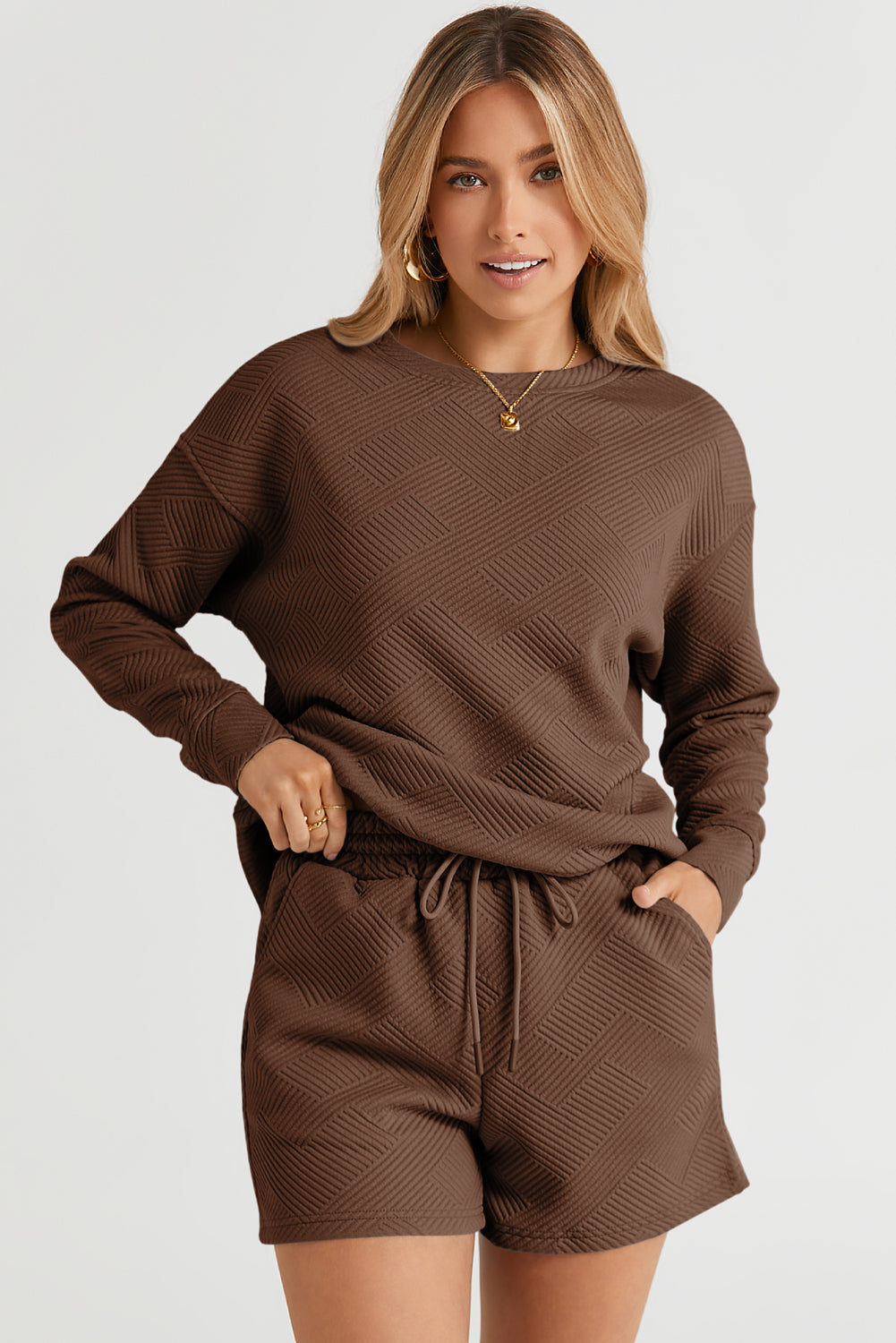 Brown Textured Long Sleeve Top and Drawstring Shorts Set