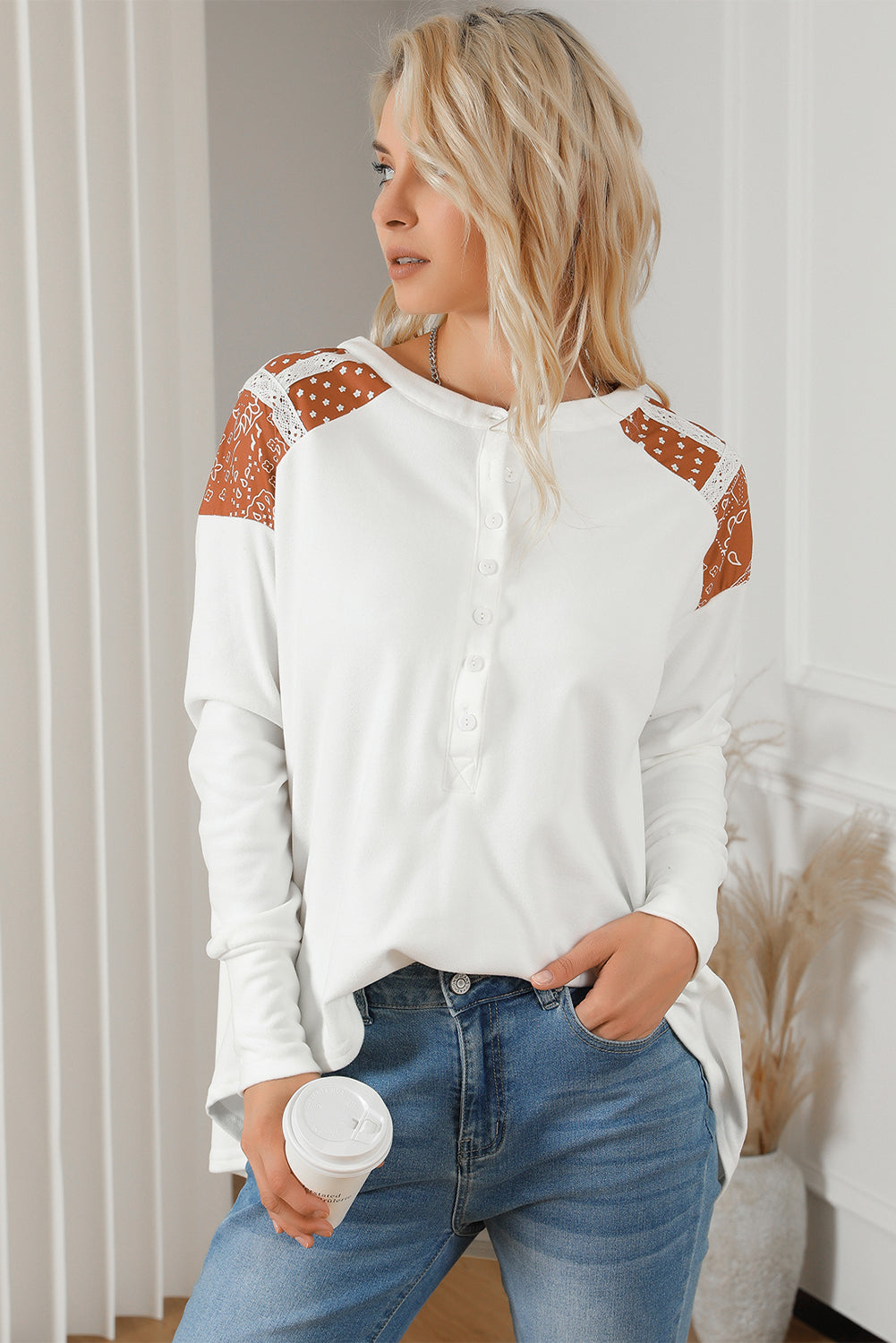 White Contrast Crochet Lace Henley Top