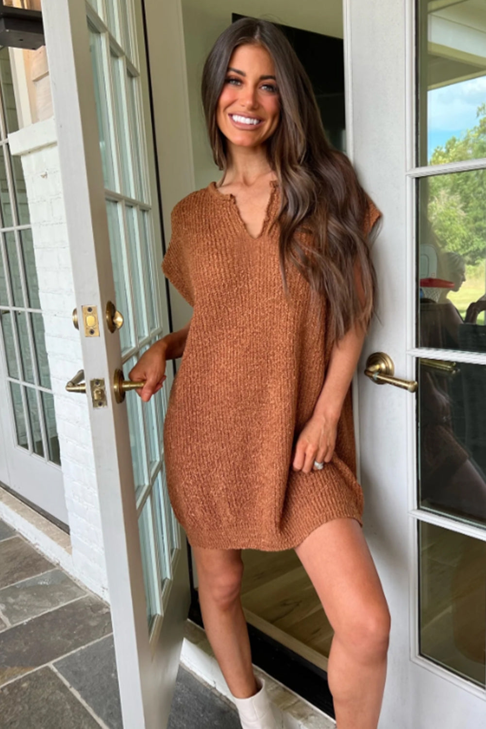 Camel Solid Color Short Sleeve Notched V Neck Sweater Dress