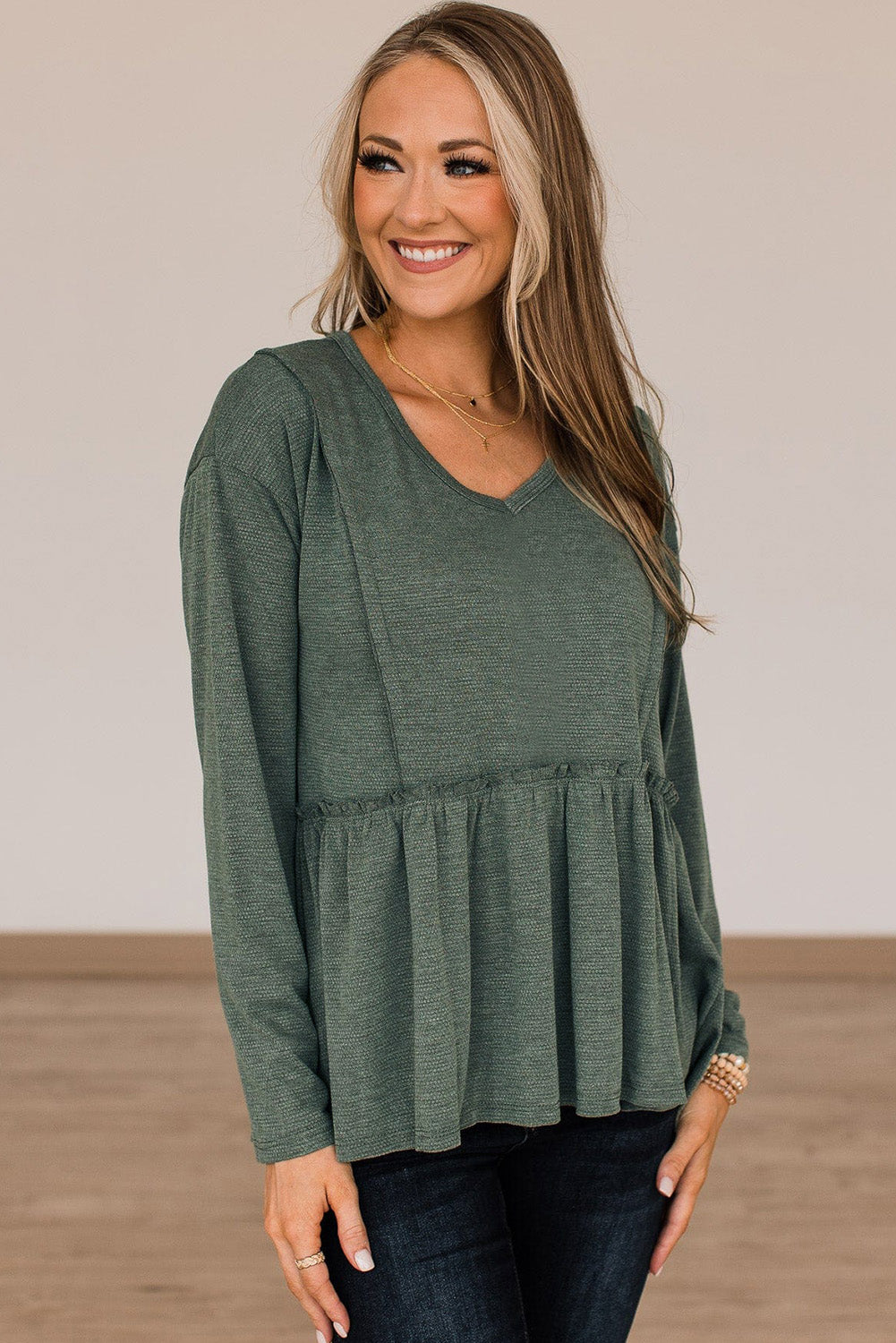 Green Outseam Detail Long Sleeve Peplum Top