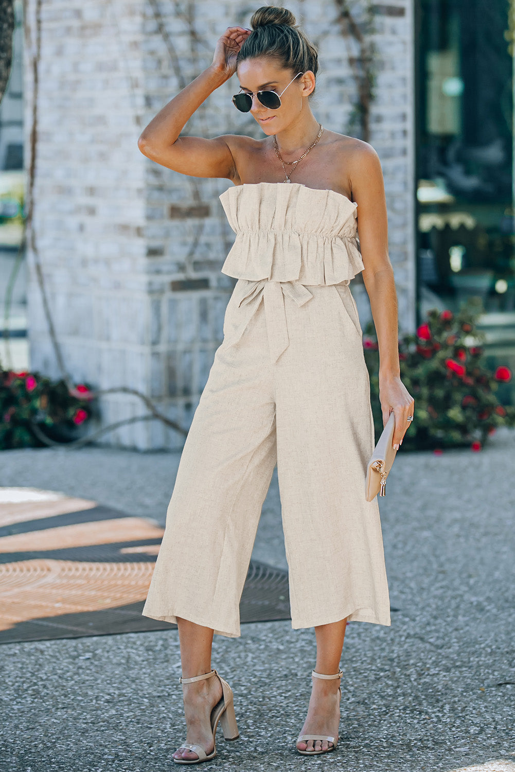 Beige Ruffled Strapless Wide Leg Jumpsuit