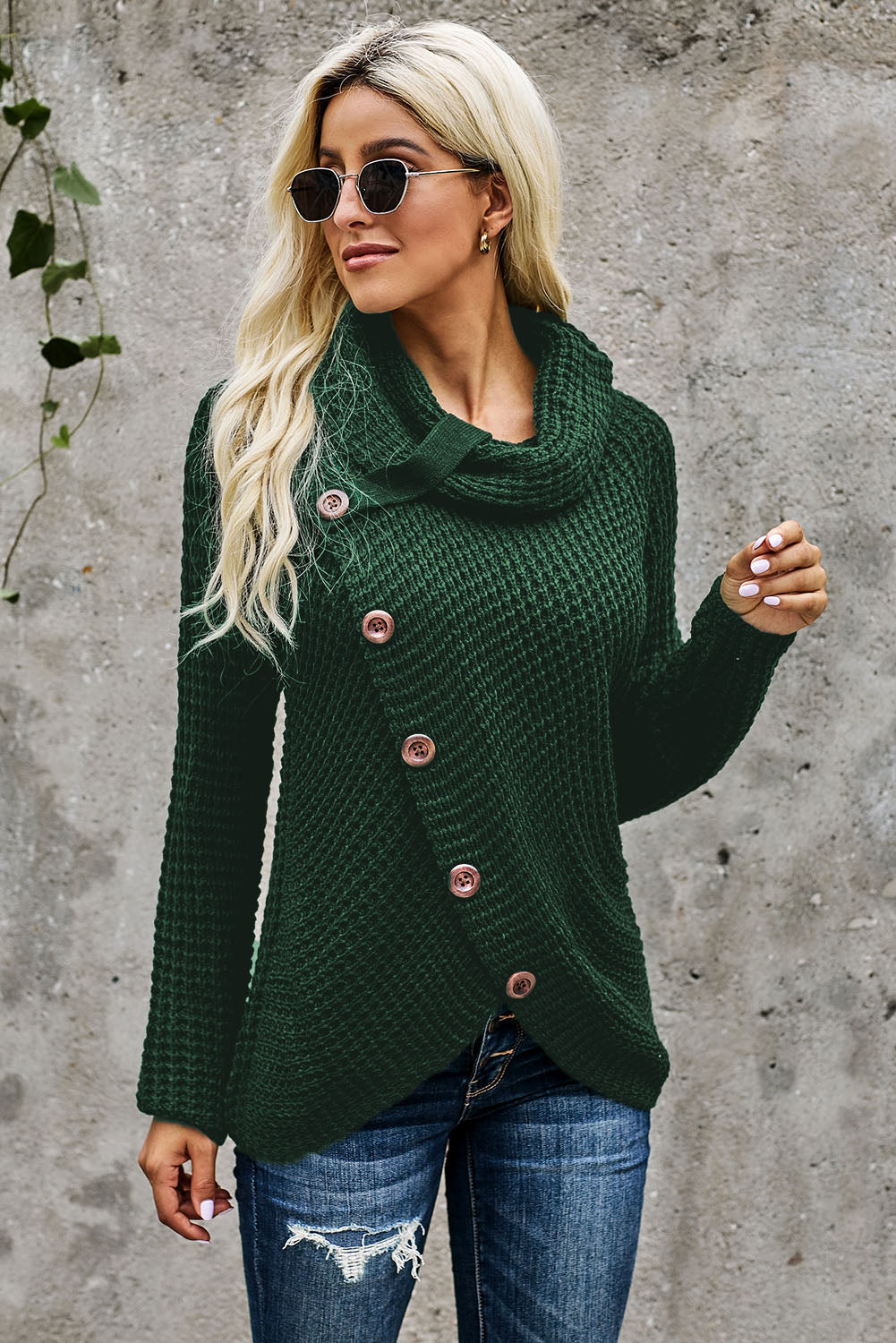 Olive Green Buttoned Wrap Turtleneck Sweater